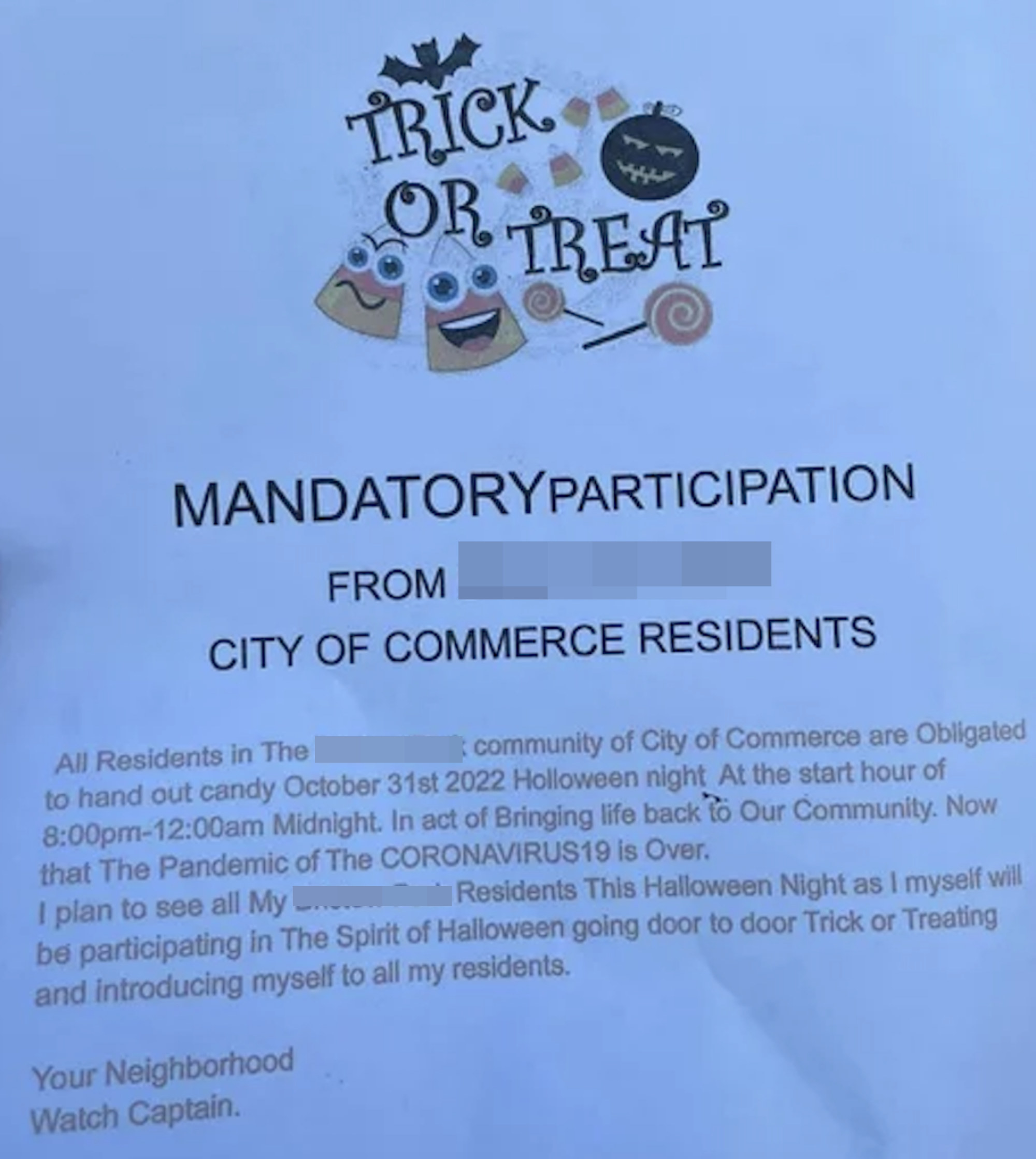 A note from a neighbor asking to make it obligatory to hand out candy for all residents