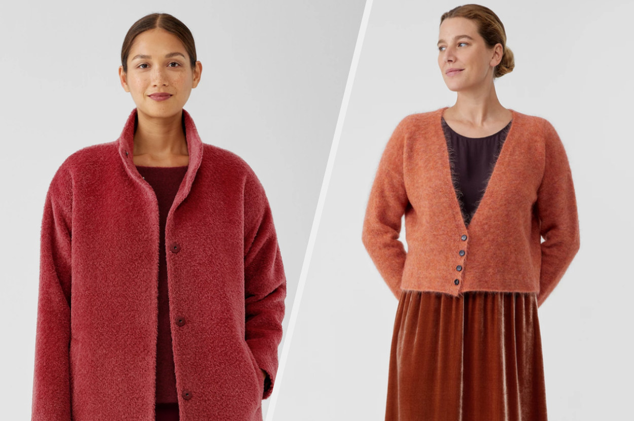 One Eileen Fisher model wears a red alpaca coat, and another dons an orange sweater and velvet skirt