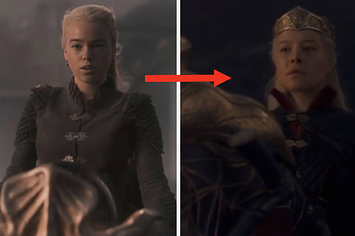 side by side images of young Rhaenyra and adult Rhaenyra on Syrax 