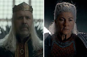 Viserys Targaryen wears a crown and Rhaenys Velaryon wears dark armor
