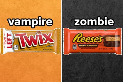 On the left, a Twix bar labeled vampire, and on the right, some Reese's Cups labeled zombie