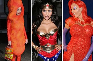 Karty Perry is dressed as a Cheeto, with Kim Kardashian as Wonder Woman, Heidi Klum as Jessica Rabbit