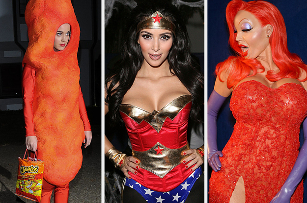 Karty Perry is dressed as a Cheeto, with Kim Kardashian as Wonder Woman, Heidi Klum as Jessica Rabbit