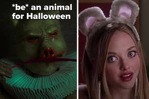 A spooky pig is labeled, "be an animal for halloween" with Karen as a mouse on the right