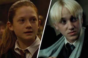 A close up of Ginny Weasley and Draco Malfoy