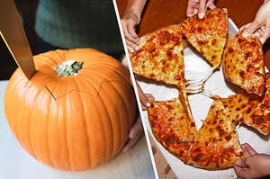 A knife is used to carve a pumpkin and several hands take pizza out of a box