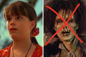 On the left, Marnie from Halloweentown, and on the right, Billy from Hocus Pocus with an x drawn over his face