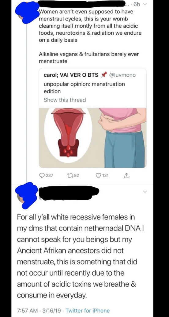 Comment: Menstruation &quot;is your womb cleaning itself monthly from all the acidic foods, neurotoxins, and radiation,&quot; and &quot;for all y&#x27;all white recessive females that contain nethernadal DNA,&quot; &quot;my ancient Afrikan ancestors did not menstruate&quot;