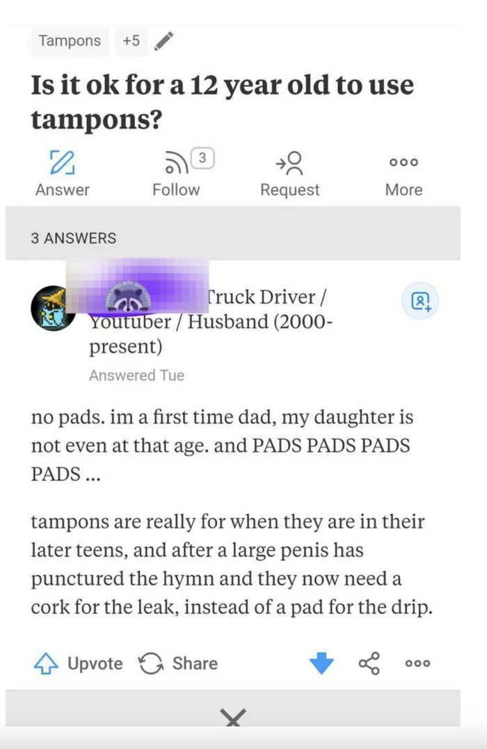First-time dad says &quot;pads, pads, pads,&quot; and tampons are for later teens &quot;after a large penis has punctured the hymn and they now need a cork for the leak instead of a pad for the drip&quot;