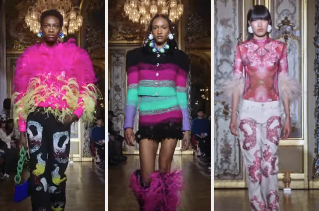 Three models wear colorful luxury outfits as they walk down the runway at a Germanier show