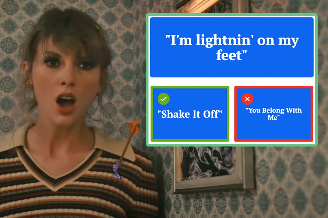 Taylor Swift opening her mouth wide in the Anti-Hero music video next to a screenshot of the lyrics I'm lightnin' on my feet