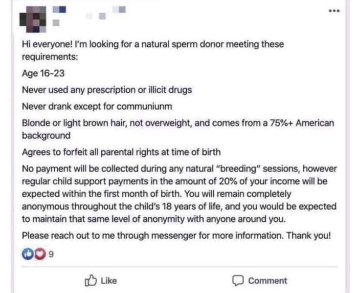 A person seeking a sperm donor to help pay child support