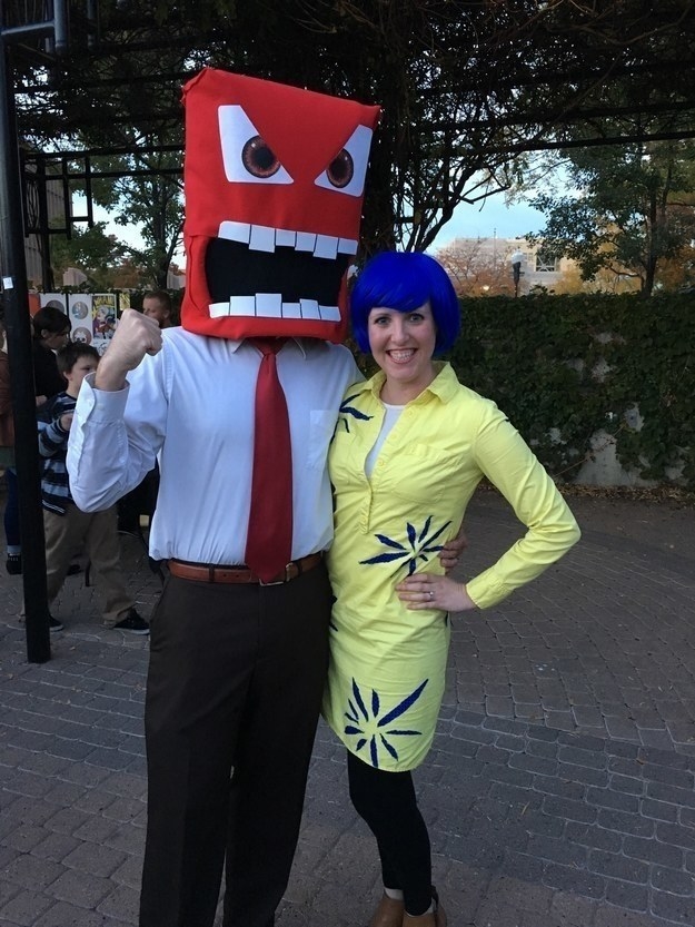 A couple dressed as emotions from the movie Inside Out