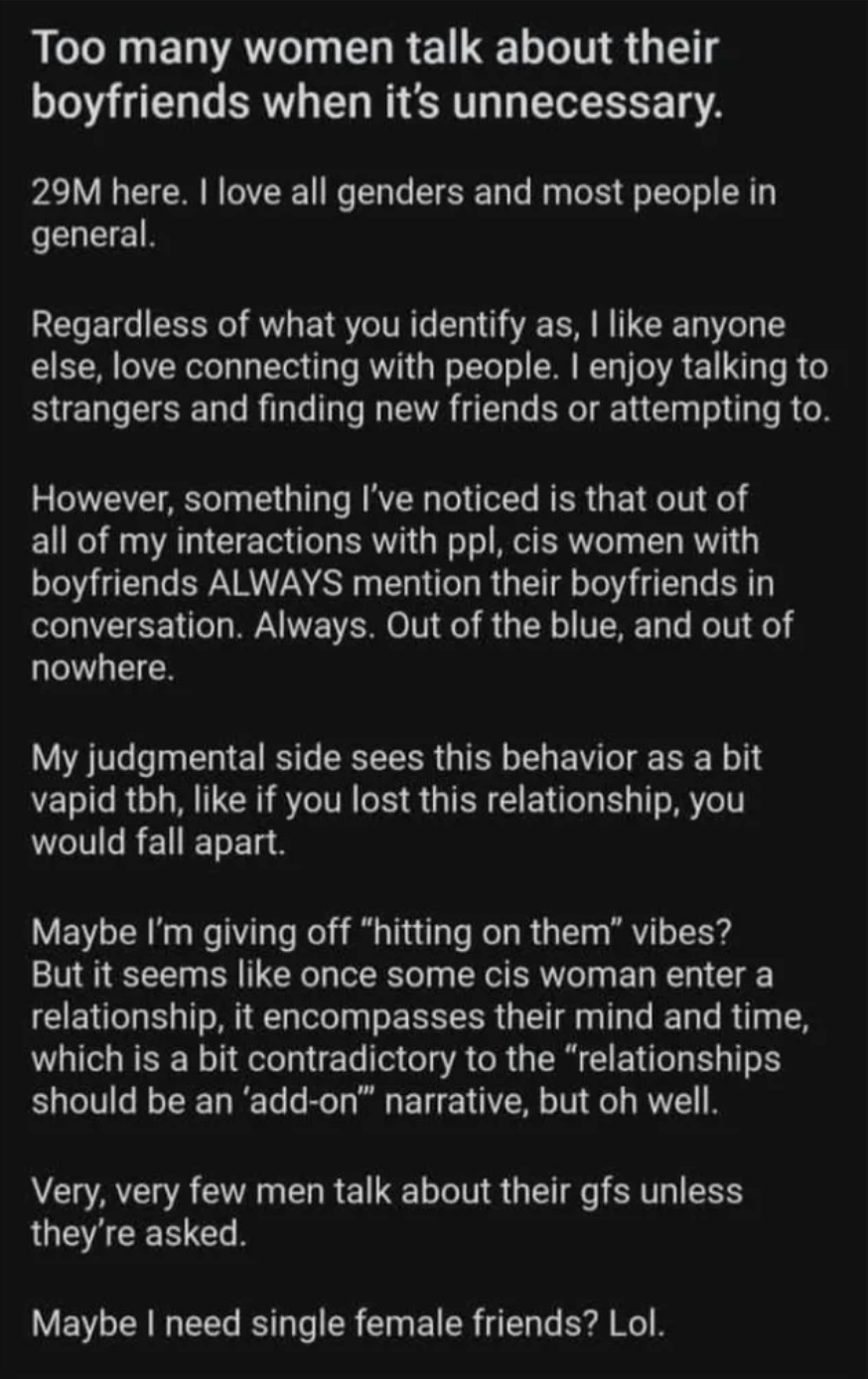 Reddit post of a man saying women shouldn&#x27;t talk about their boyfriends