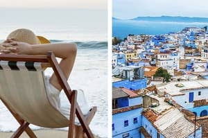 A person relaxing in a chair on the left, a scene of Morocco on the right.