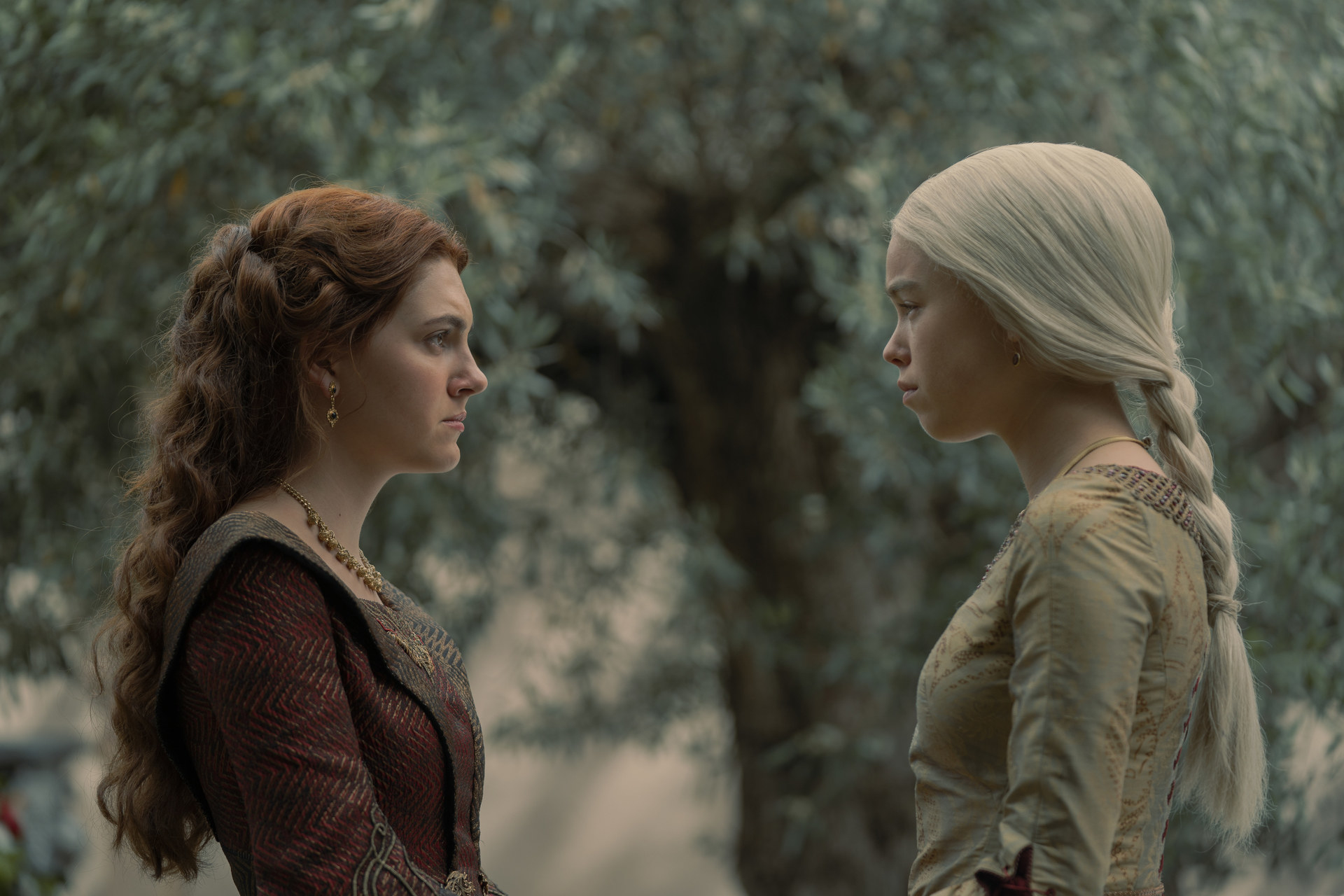 Alicent and Rhaenyra face each other looking distressed