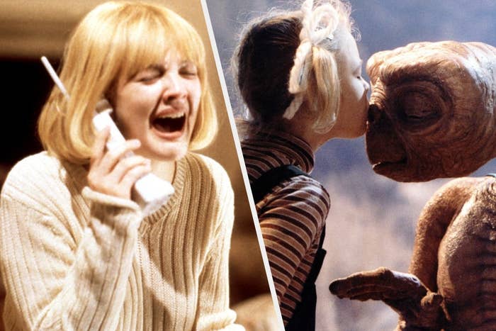 On the left, Drew Barrymore yelling into a phone as Casey in Scream, and on the right, Drew Barrymore kissing E.T. on the forehead as Gertie in E.T. the Extra-Terrestrial