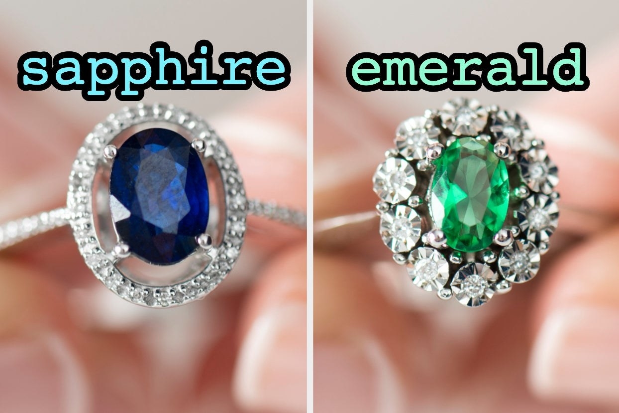 On the left, a sapphire ring, and on the right, an emerald ring