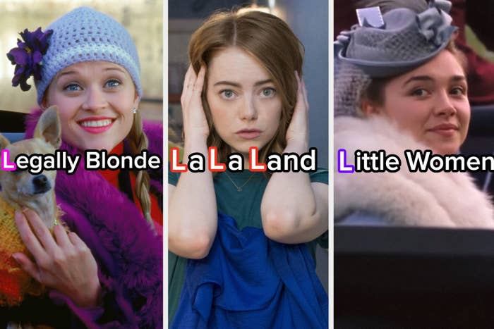 On the left, Reese Witherspoon as Elle in Legally Blonde, in the middle, Emma Stone as Mia in La La Land, and on the right, Florence Pugh as Amy in Little Women