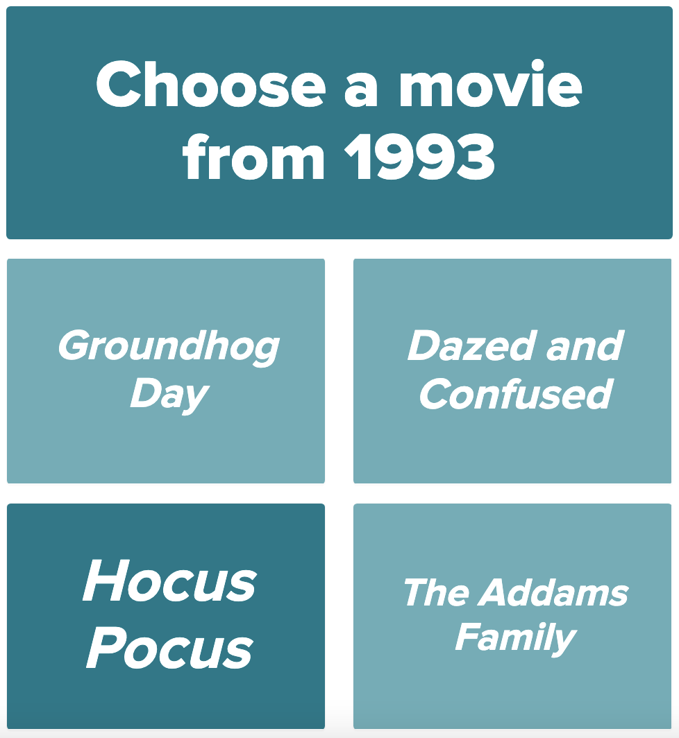 A screenshot of the question choose a movie from 1993 with the choices Groundhog Day, Dazed and Confused, Hocus Pocus, and The Addams Family