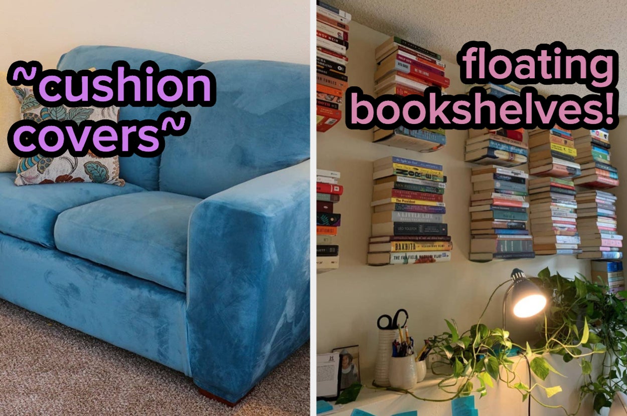 A reviewer's couch with a velvet slip cover over it labeled "cushion covers" and a reviewer's floating bookshelves stacked with books labeled "floating bookshelves!"