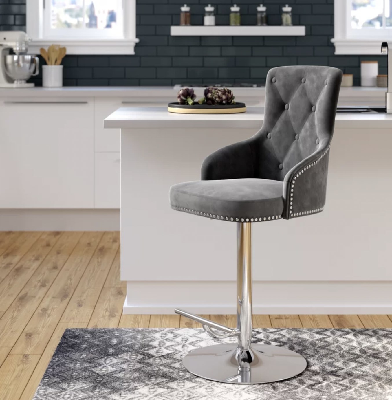 The grey swivel stool at counter