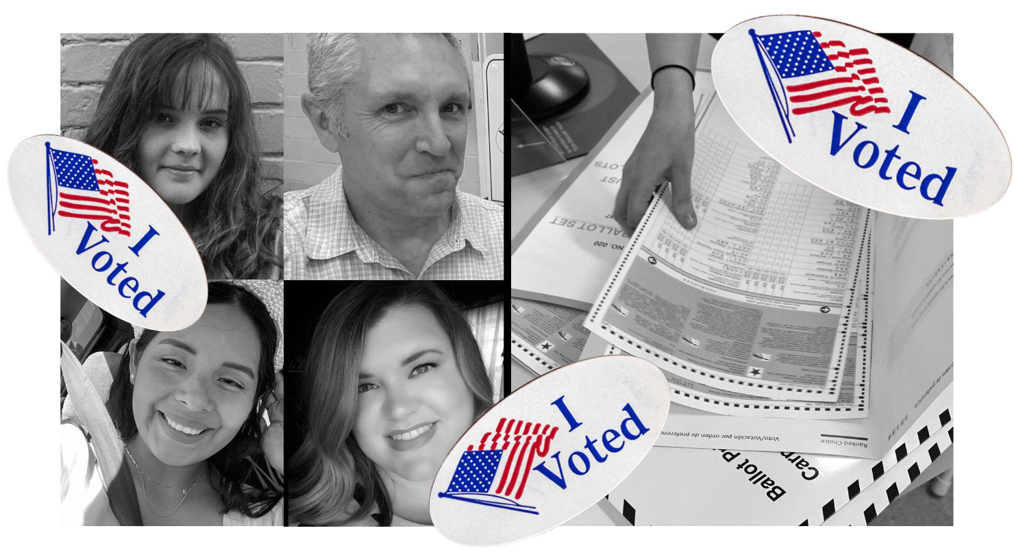 A black and white collage of smiling poll workers and someone putting down their paper election ballot