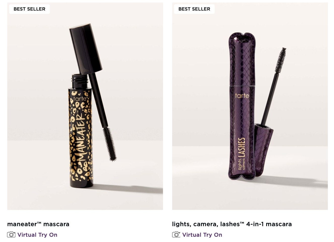 A black tube of mascara and a purple tube of mascara