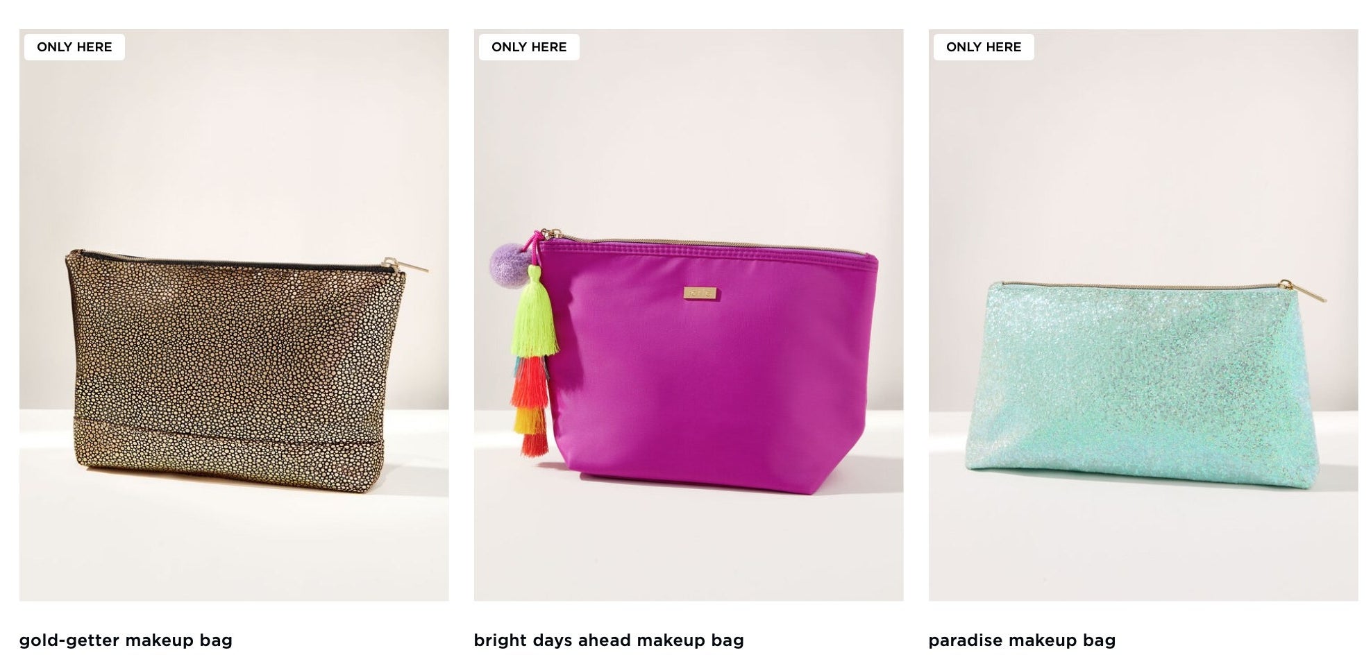 A gold bag, a purple bag and blue bag