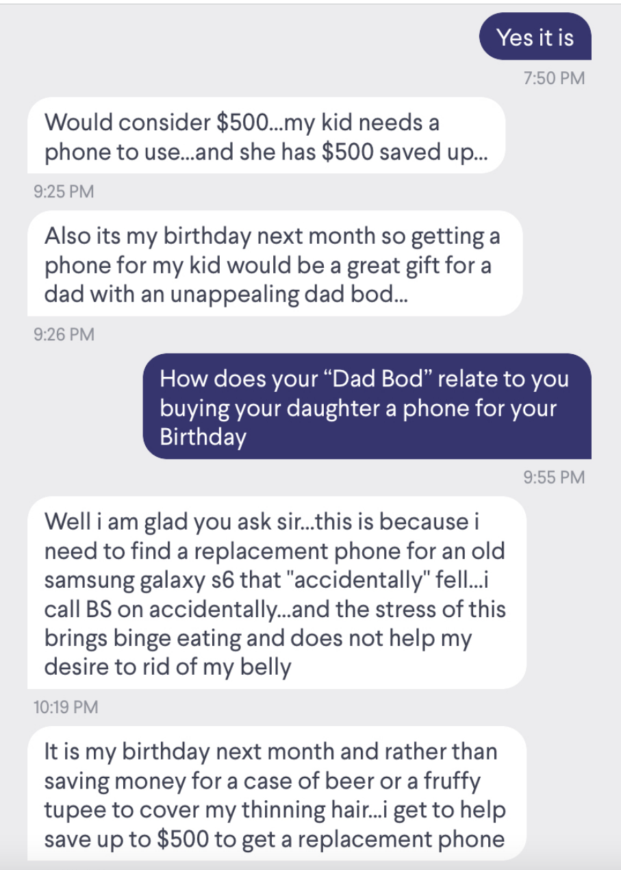 a person saying getting a phone for $500 using their kid&#x27;s savings would be good for them because they have a dad bod and could spend that money on their looks