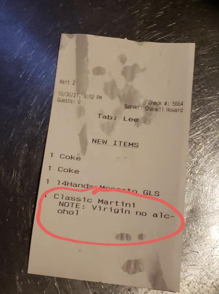 A receipt for a drink order