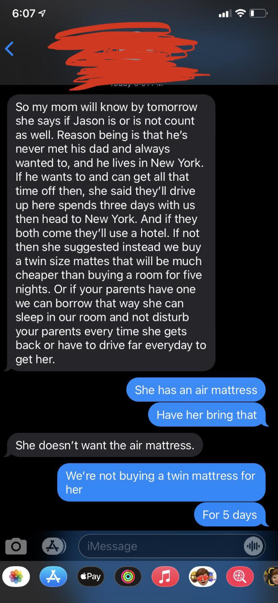 a person saying that a guest should bring their own air mattress