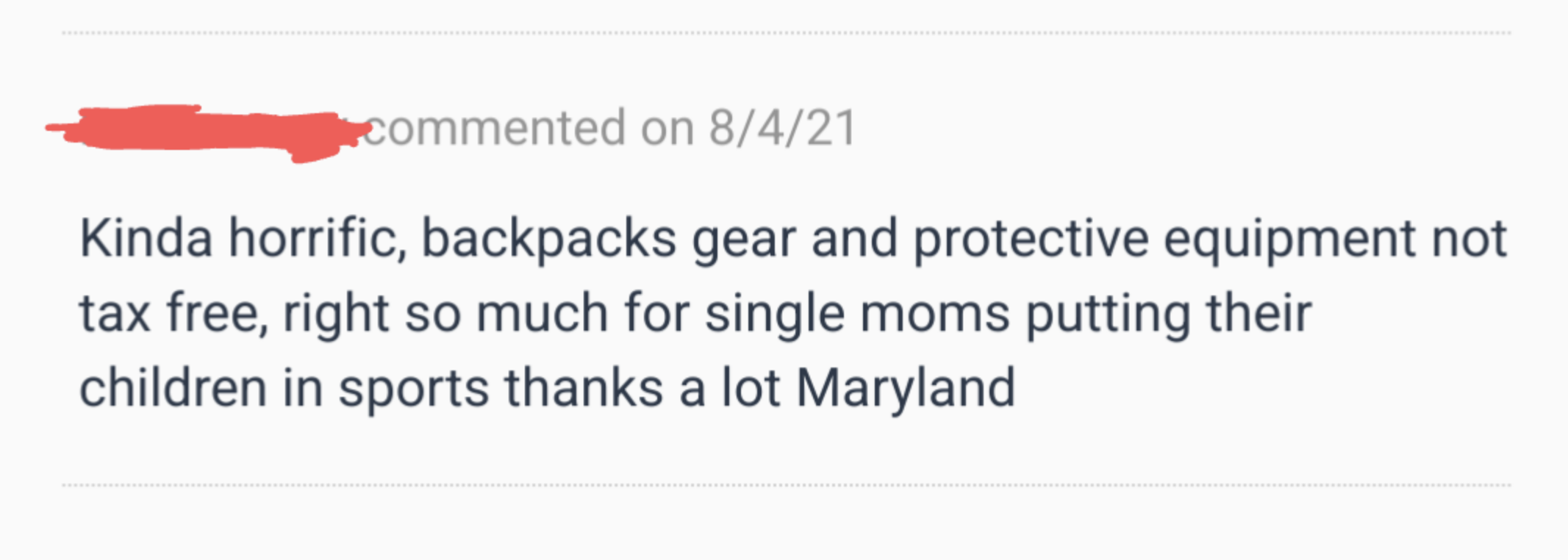 a mom who is mad that sports gear is not tax free