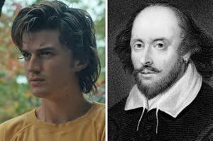 On the left, Steve from Stranger Things furrowing his brows in confusion, and on the right, William Shakespeare