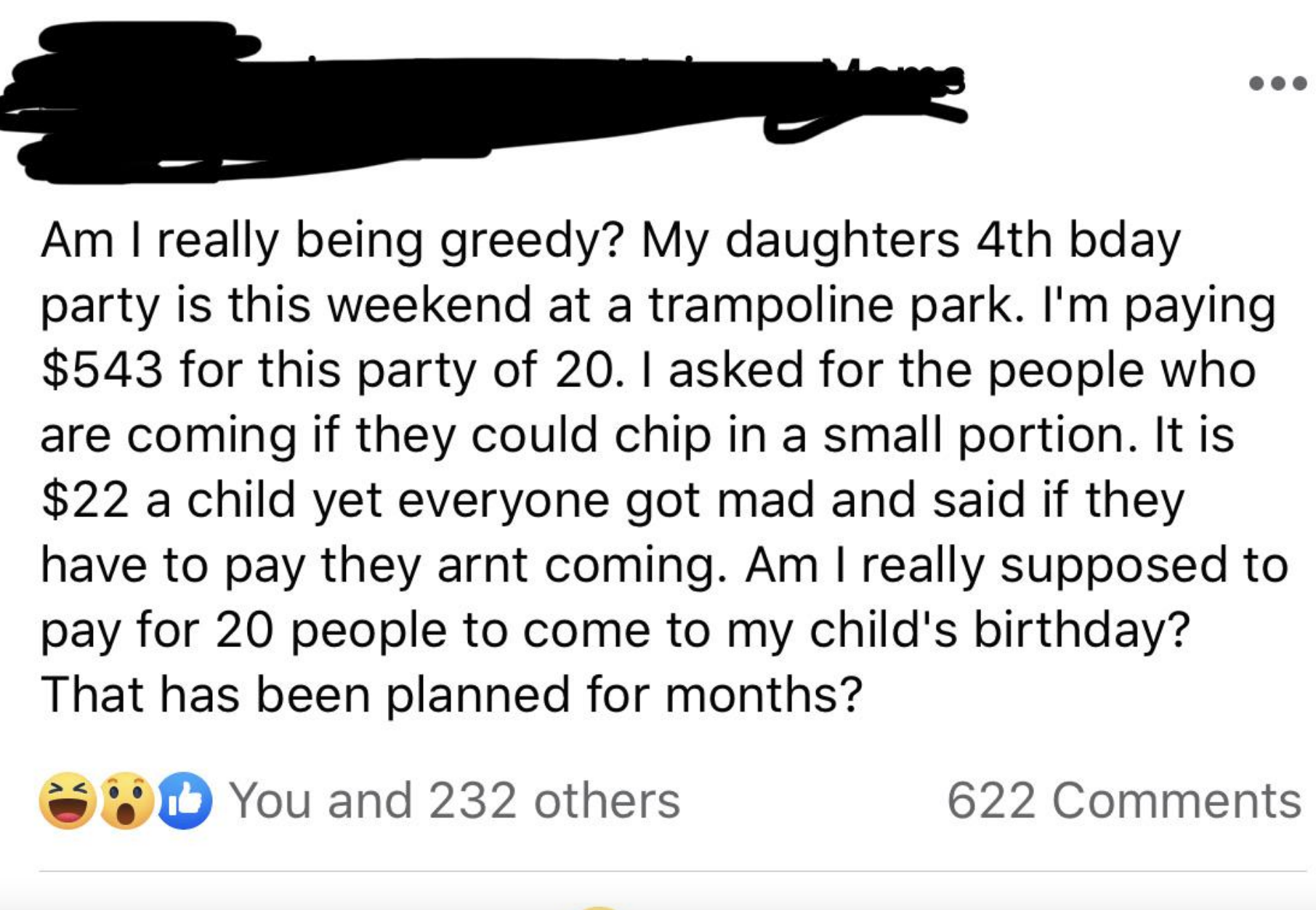 a person trying to charge $22 for each guest at their kid&#x27;s birthday party