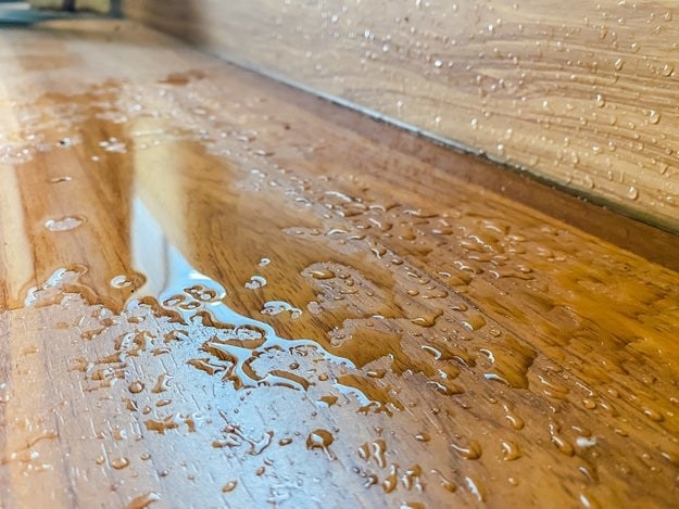 spill on wood floor in kitchen