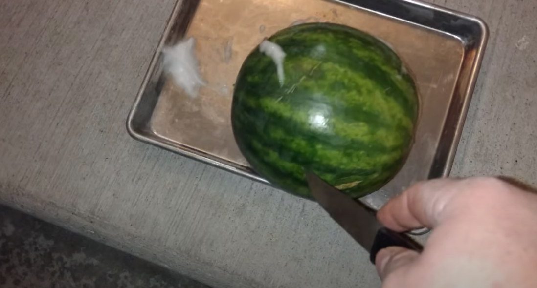 slicing into a watermelon that&#x27;s foaming on top of a baking sheet