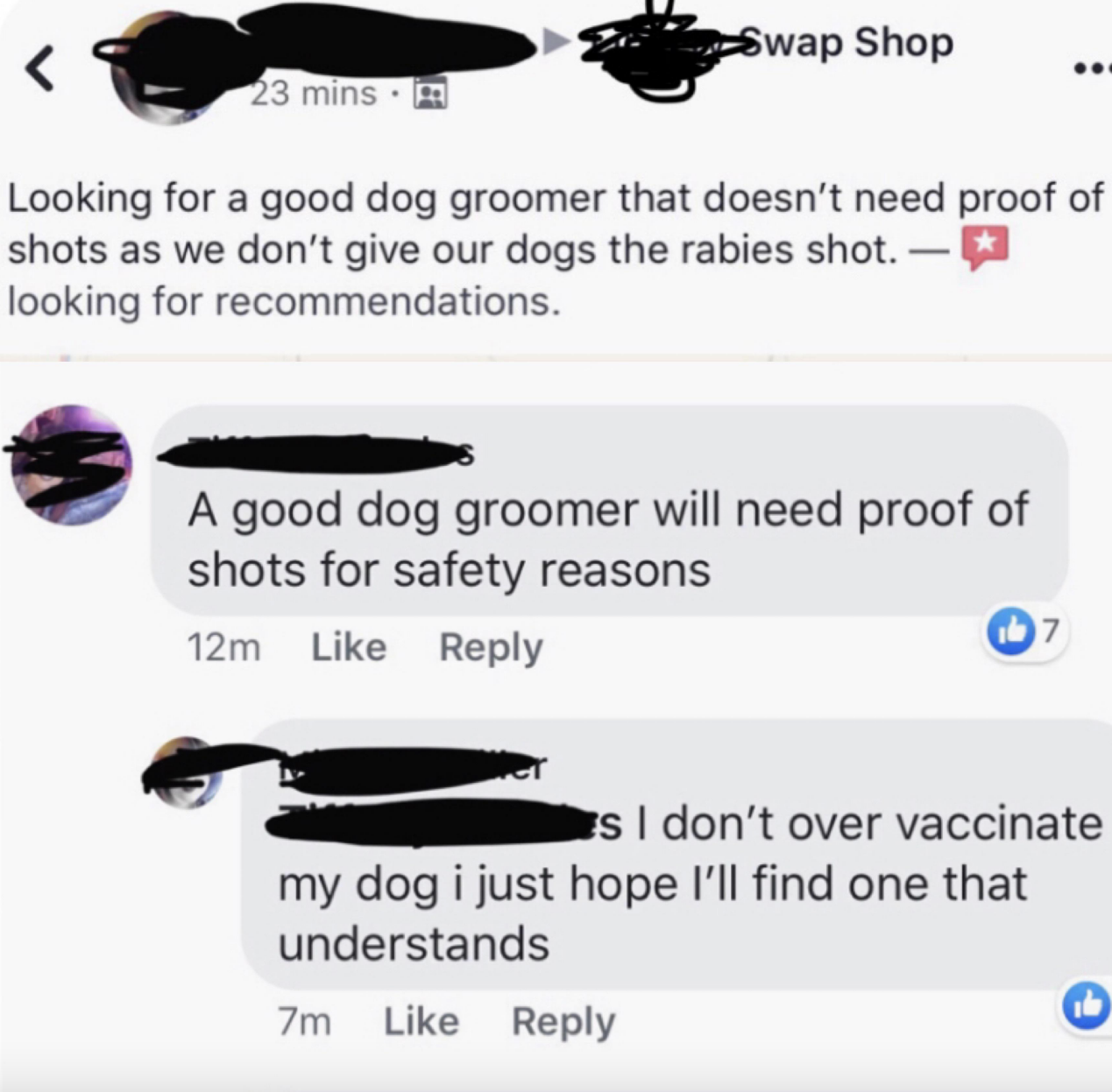 a person looking for a groomer that doesn&#x27;t require vaccinations because they don&#x27;t give their dog the rabies shot