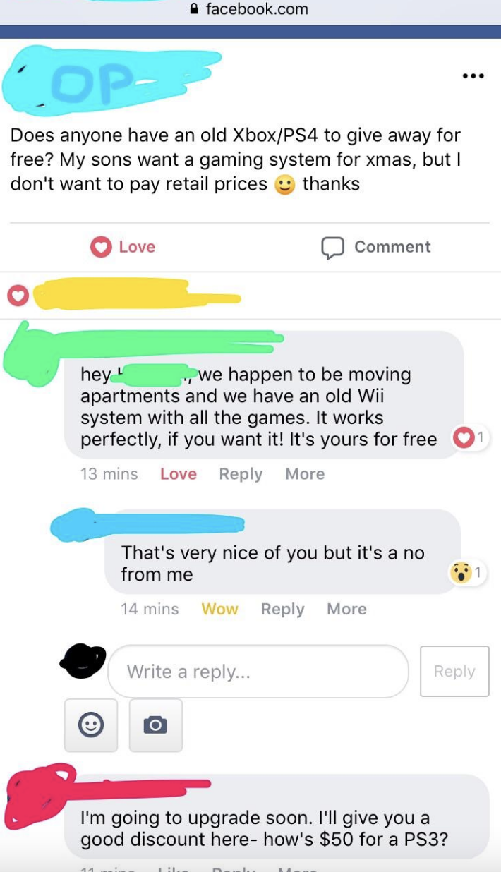 a person asking for a free gaming system and then offering $50
