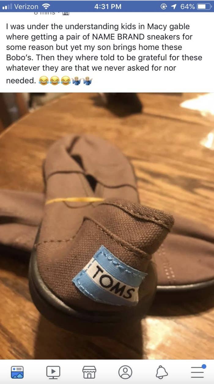 a person getting free shoes for their kid who&#x27;s mad they aren&#x27;t &quot;name brand&quot; (but they are Toms)