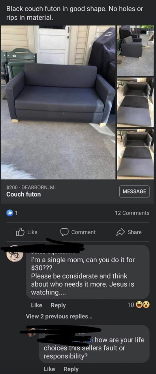 a person offering $30 for a couch and saying that Jesus is watching if they turn her down