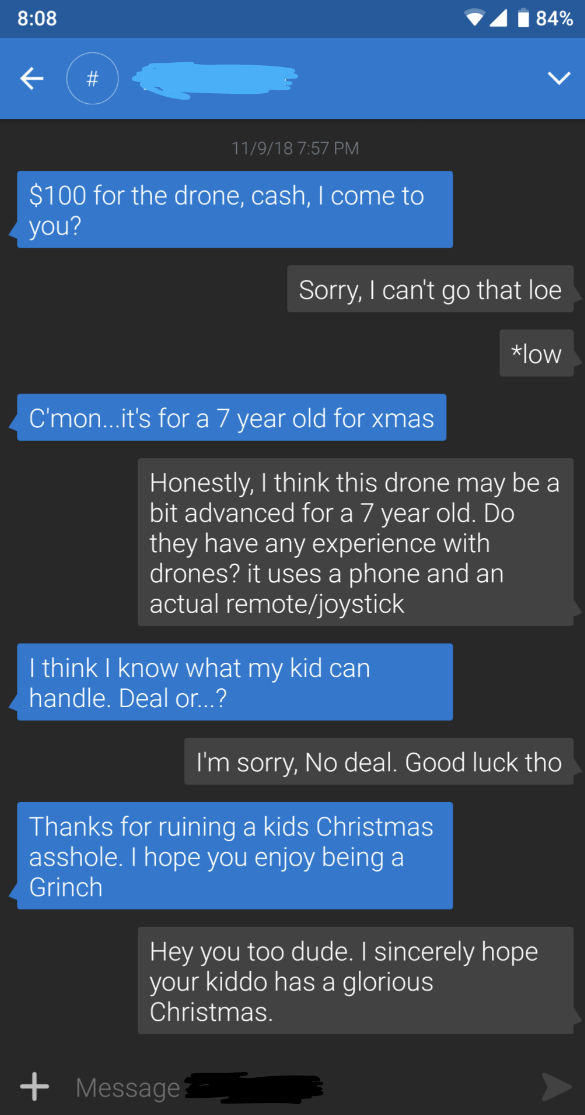 a parent offering $100 for a drone and getting mad with their offer is denied