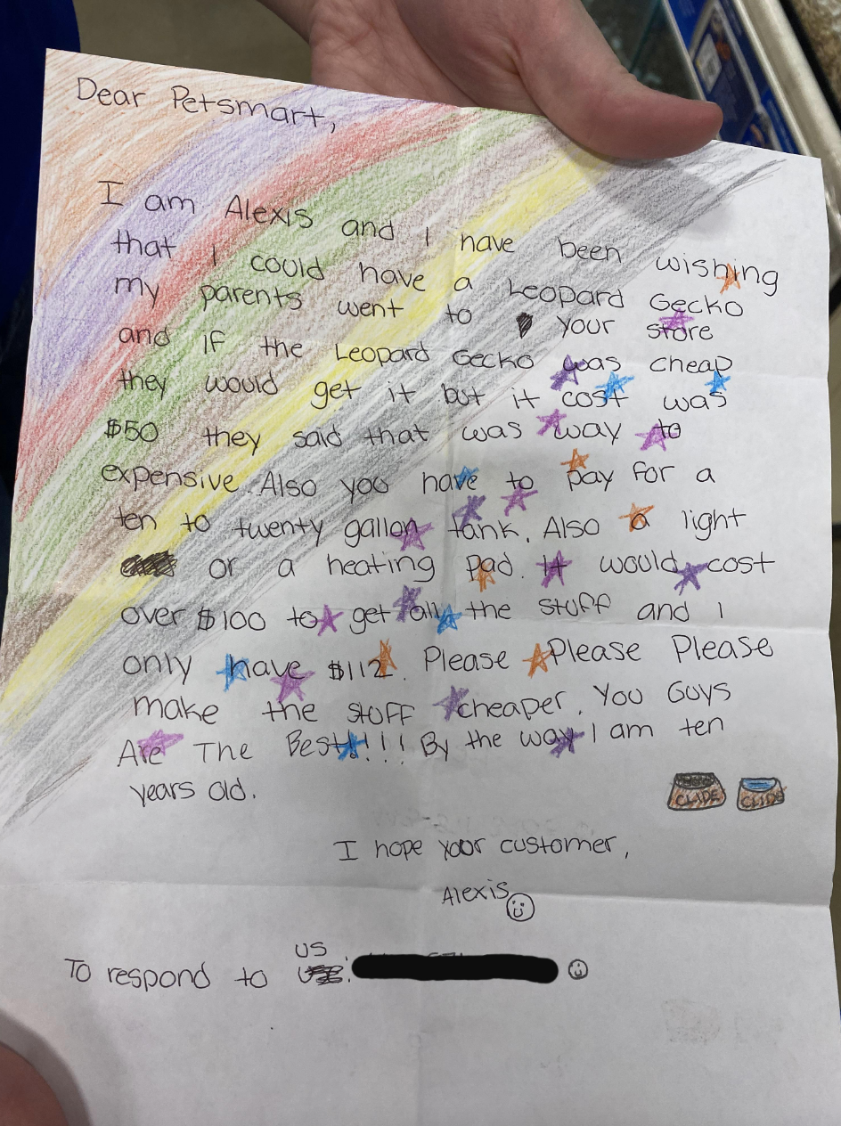 a kid's letter asking PetSmart for a discount