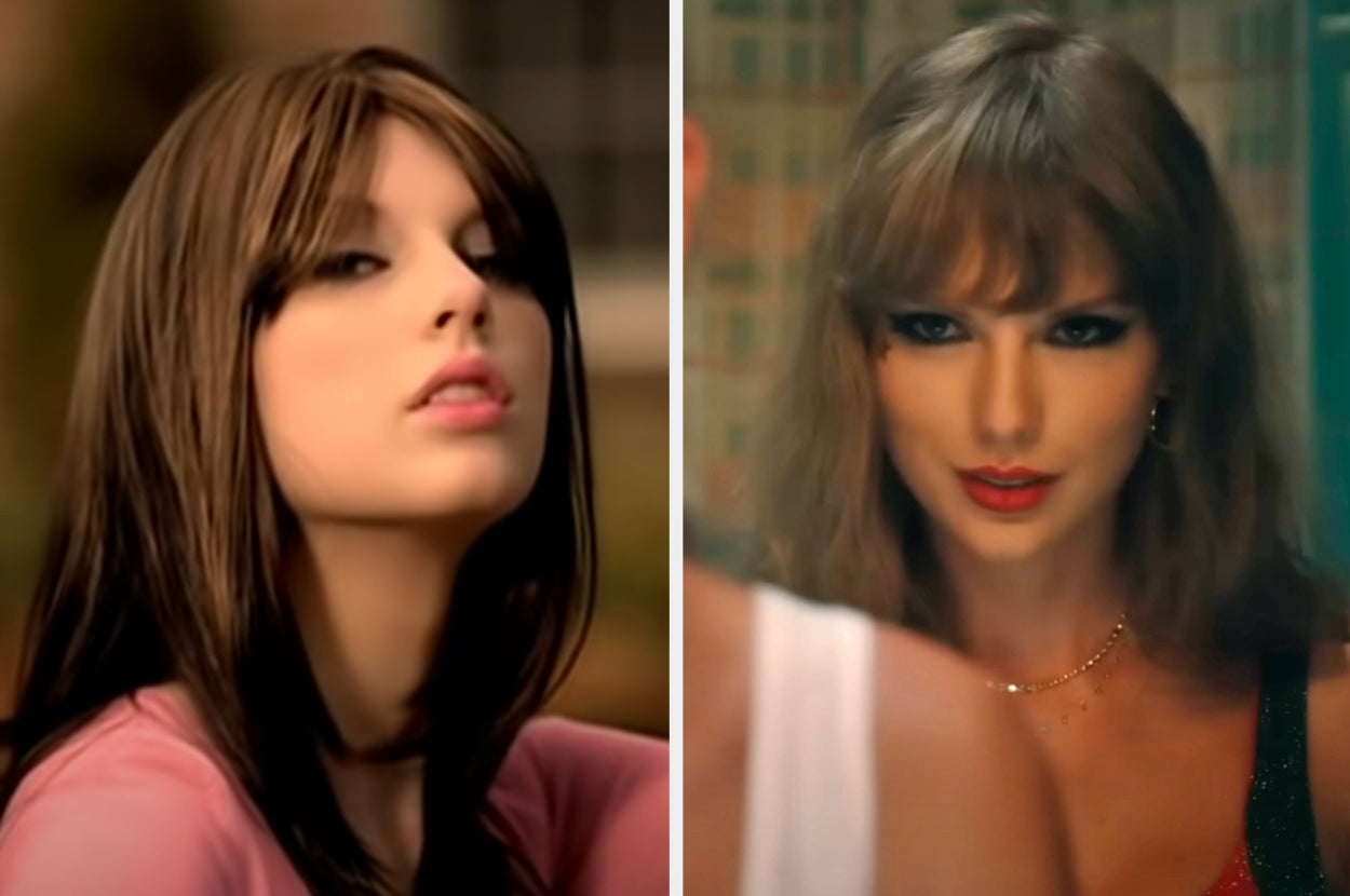 On the left, Taylor Swift as the mean girl in the You Belong With Me music video, and on the right, Taylor smirking in the Anti-Hero music video