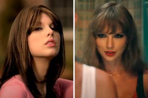 On the left, Taylor Swift as the mean girl in the You Belong With Me music video, and on the right, Taylor smirking in the Anti-Hero music video