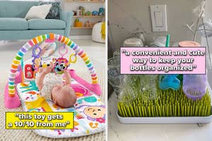 to the left: a baby on a fisher-price kick and play piano, to the right a boon drying rack