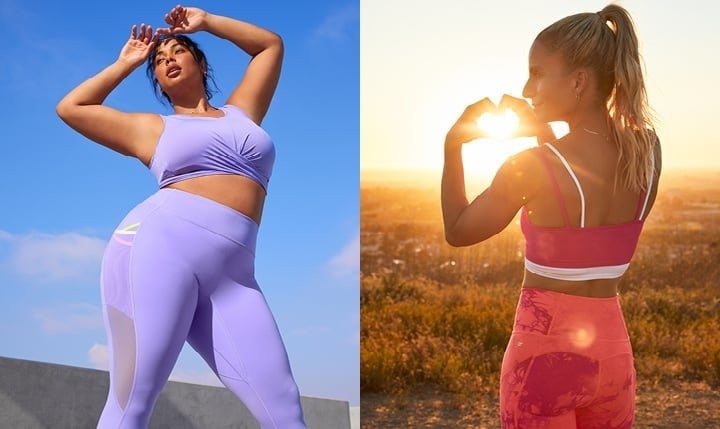 split image of a model wearing a matching purple leggings and sports bra set on the left, then a model making a heart with their hands over a sunset and wearing pink leggings with a pink tank top on the right