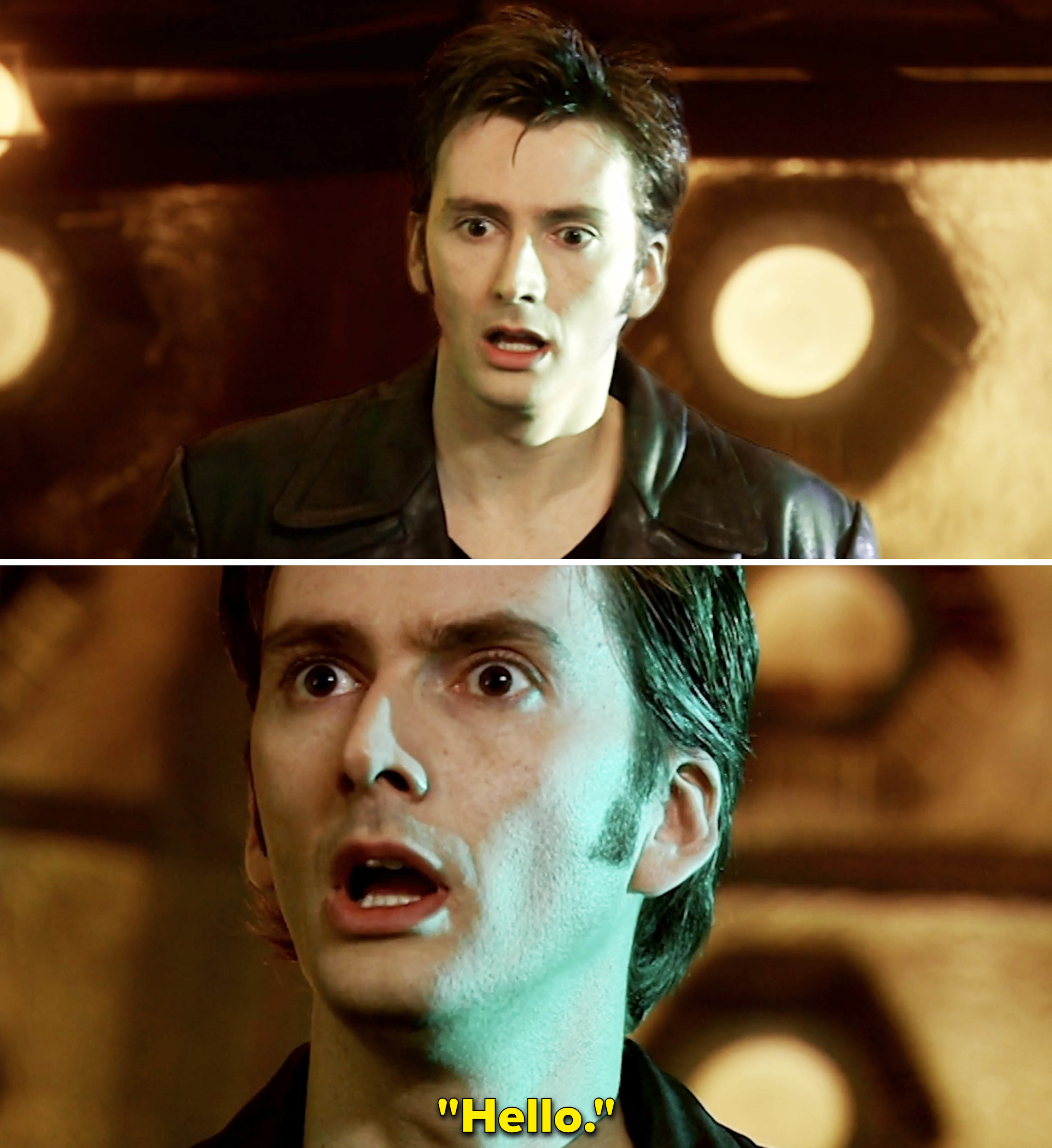The Tenth Doctor with his mouth open and the word, &quot;Hello&quot;