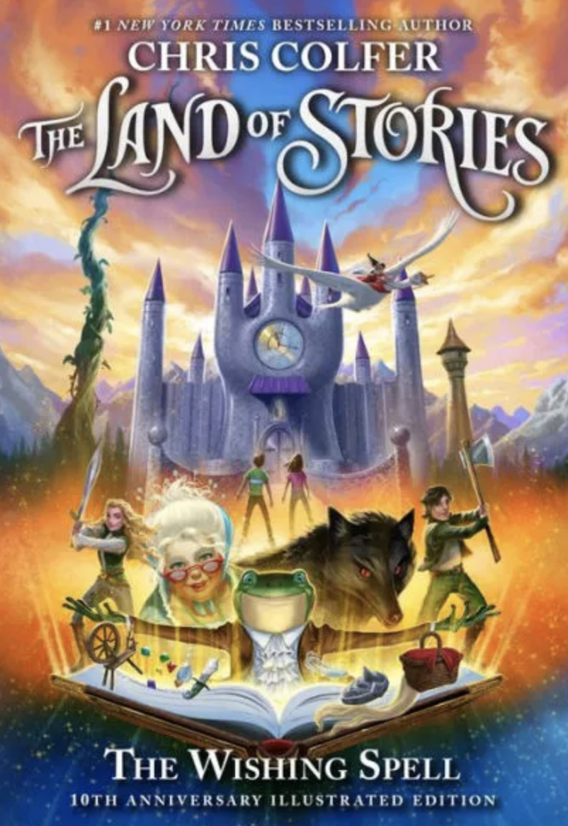 a castle, frog, wolf, large book, and teens with swords on the book cover