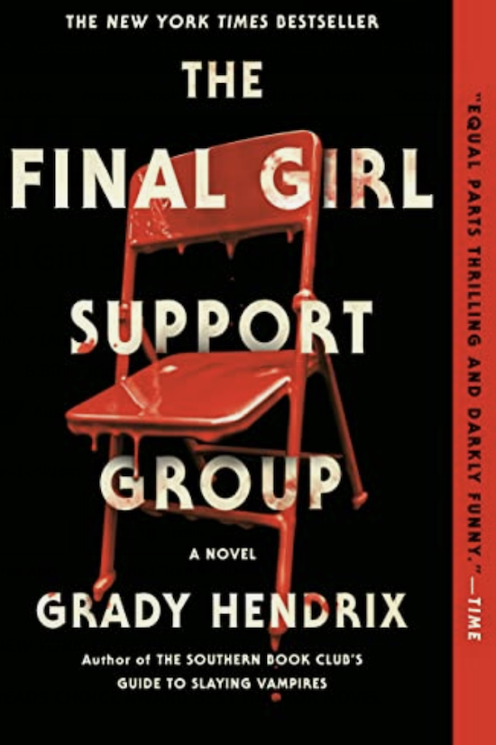 a metal folding chair behind the book title on the cover